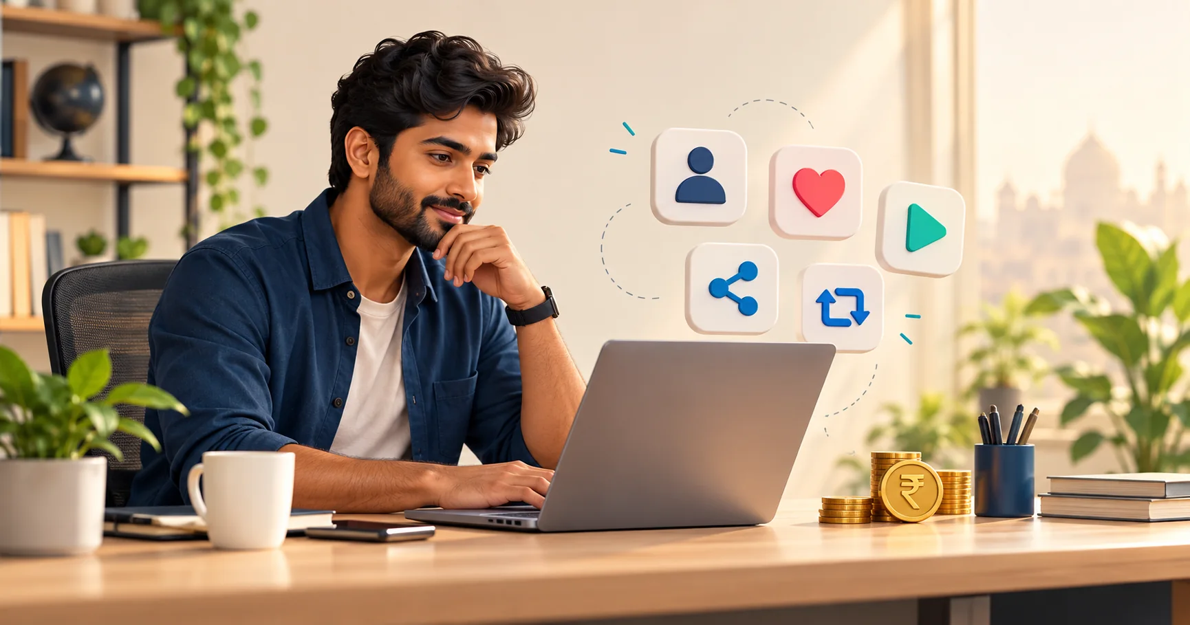Illustrated Indian reseller workspace with laptop, engagement icons and rupee coins